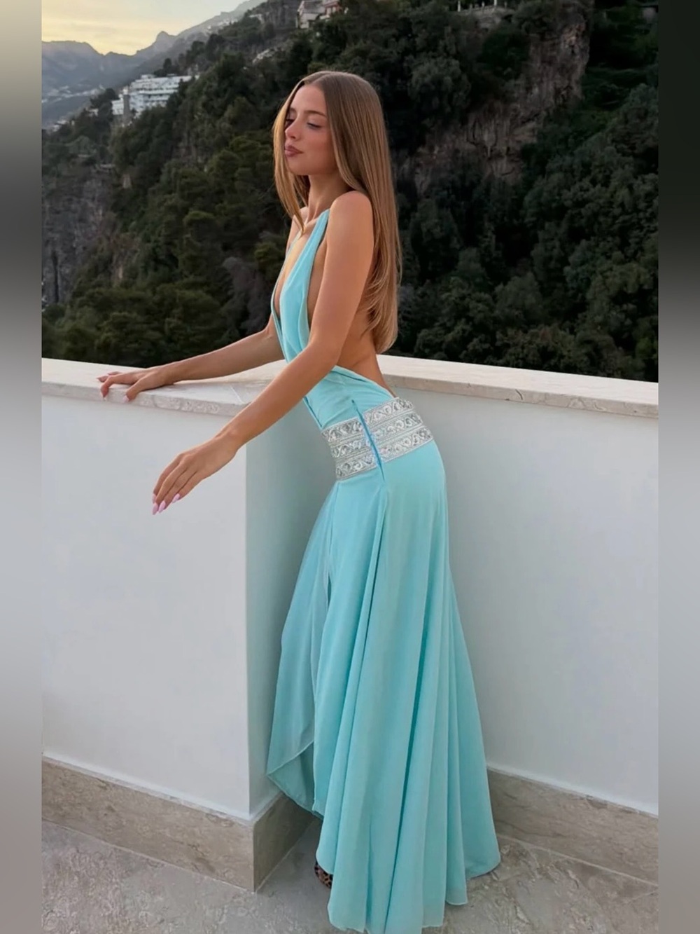 White Fox Boutique Aqua Open-Back Maxi Dress with Embellished Waistband